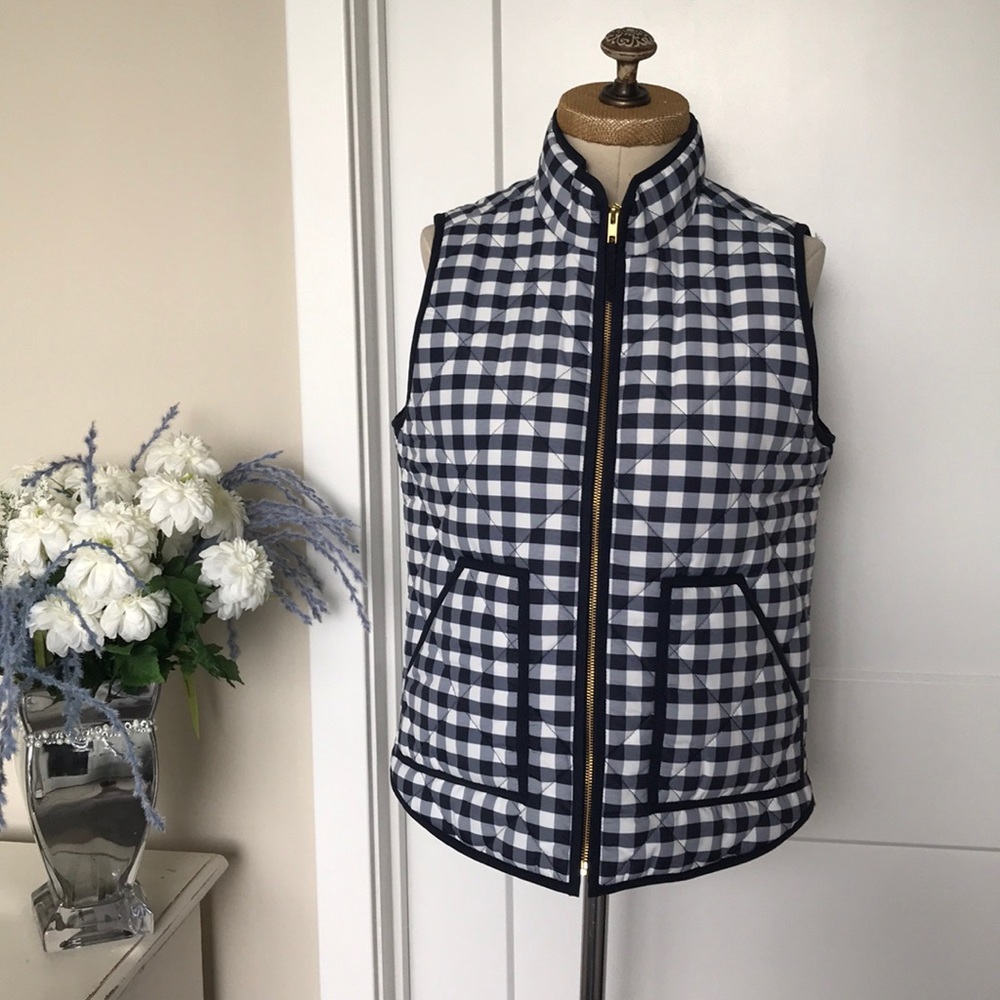 J.Crew Plaid Quilted zip up Vest Navy Medium EUC